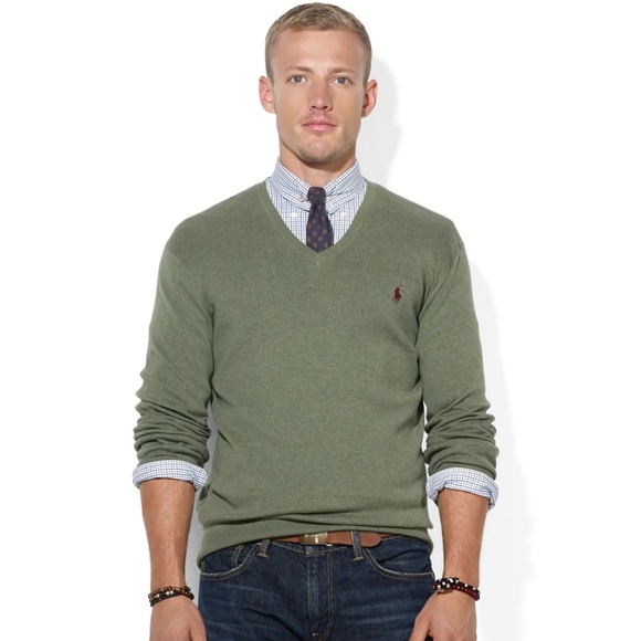 Polo Ralph Lauren Pima Cotton V-Neck Sweater Lovett Heather Green S